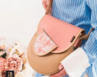 Borsa a tracolla in pelle fatta a mano / Borsa a tracolla media pastello / Borsa a cartella beige e rosa / Borsa in vera pelle / Borsa per tutti i giorni