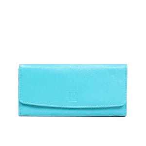 Cartera de piel para mujer con interior colorido: azul con detalles en verde mar y amarillo, ranuras para tarjetas, bolsillo para monedas y cierre a presión