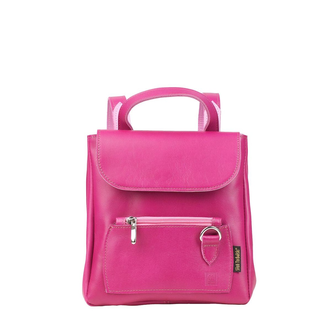 Handmade Genuine Leather Girls' Backpack - Small, Vibrant Hot Pink