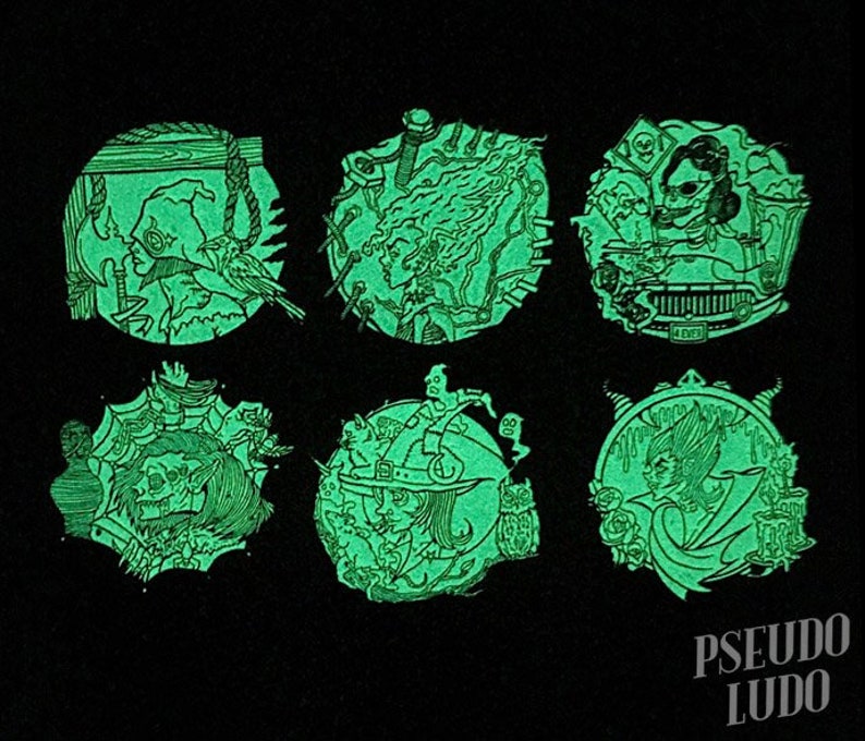 May include: Six round, green glow-in-the-dark pins with various spooky Halloween-themed illustrations. The pins feature a witch, a skeleton, a monster, a ghost, a vampire, and a creature with a skull face.