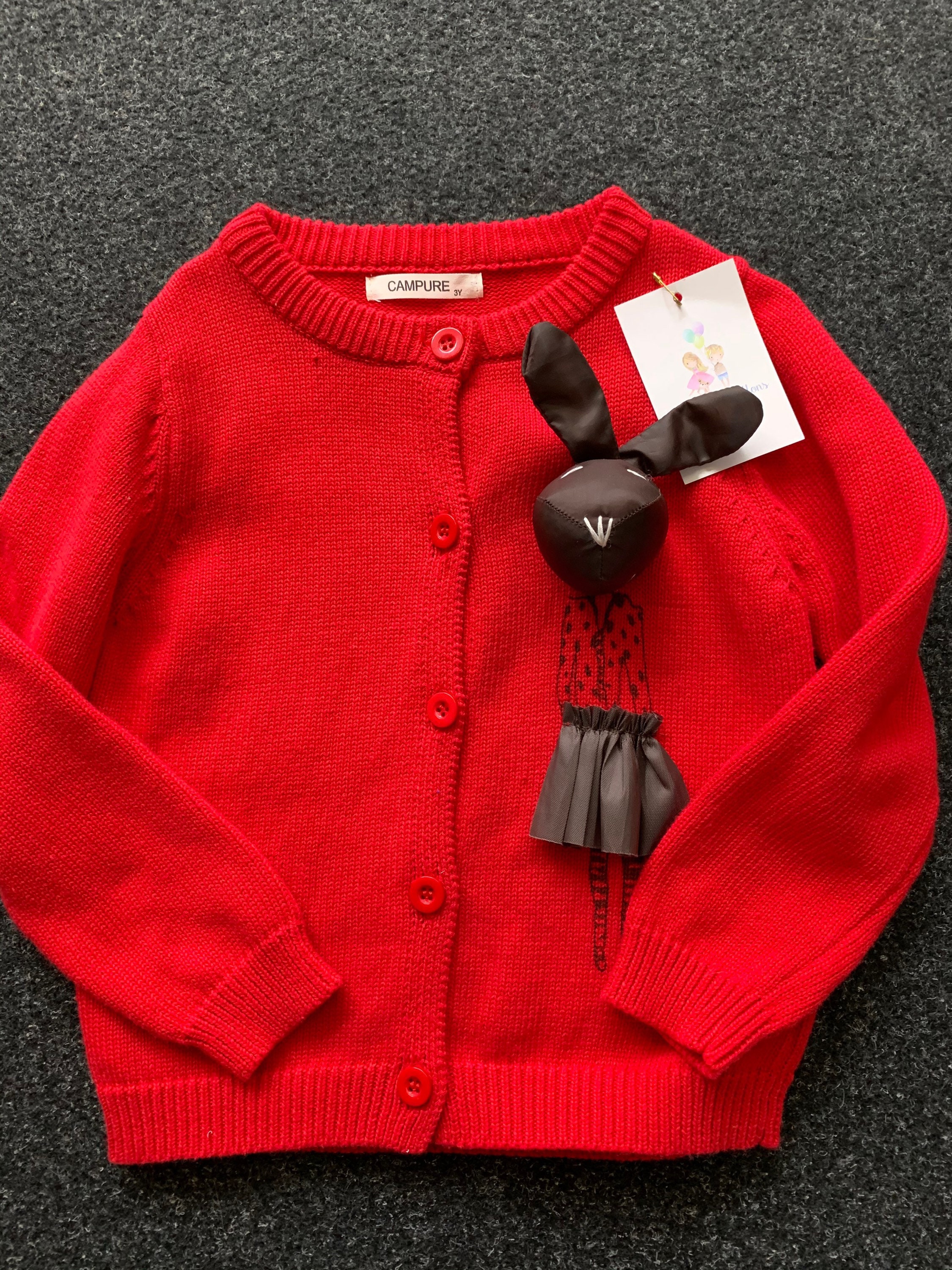 Image of Bright Red Machine Knitted Cardigan With Printed Bunny | Last One 2-3Yrs