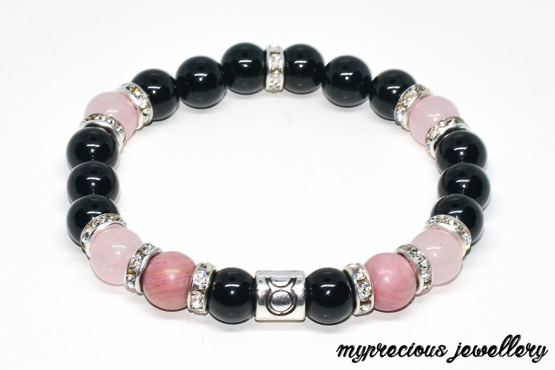 Taurus Rhodonite Rose Quartz Onyx Bracelet Birthstone Zodiac Etsy