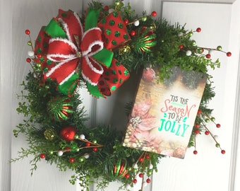 Christmas Wreath, Christmas Evergreen, Christmas Wall Décor, Holiday Wreath, Red Green Wreath, Whimsical Wreath, Xmas Wreath, Merry Xmas