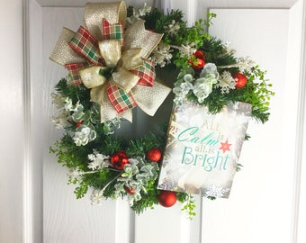 Christmas Wreath, Christmas Evergreen, Christmas Wall Décor, Holiday Wreath, Red Green Wreath, Country Wreath, Xmas Wreath, Merry Xmas