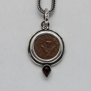 Widows Mite Prutah Coin, Silver Pendant with Garnet, 00211