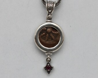 Widows Mite Prutah Coin, Silver Toggle Necklace With Garnets