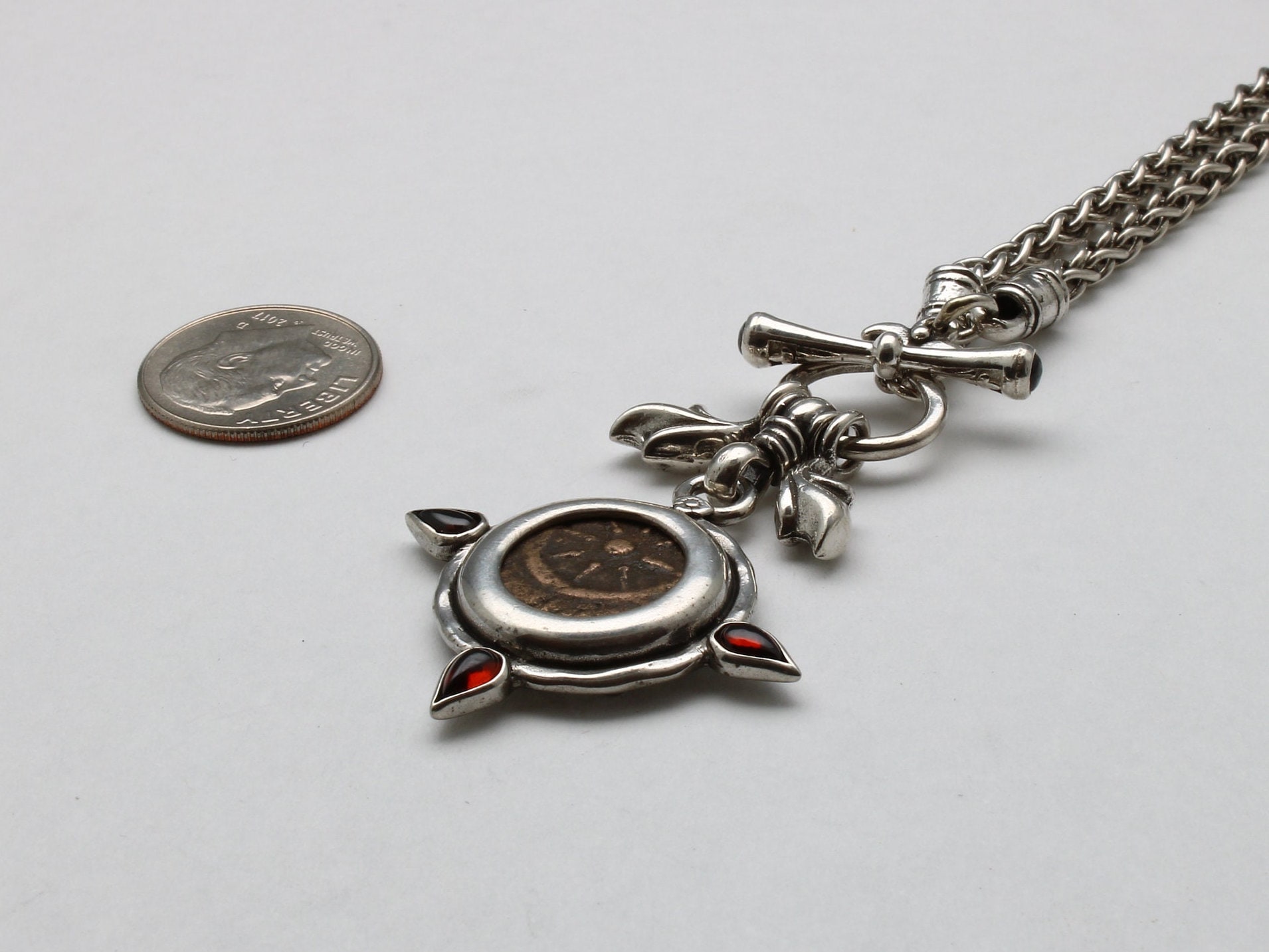 Widows Mite Prutah Coin, Silver Toggle Necklace With Garnets