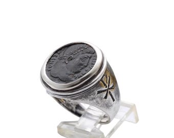 Constantine I (The Great), Sterling Silver Ring, Roman Bronze Coin, 8146