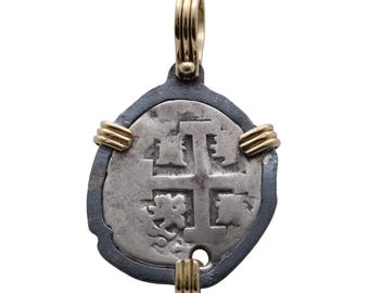 Spanish 1 Real, Felipe V, 18K Gold and Sterling Silver Pendant, ID16018