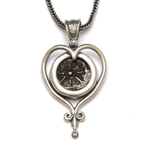 Sterling Silver Heart Pendant, Widows Mite Prutah Coin, 7049