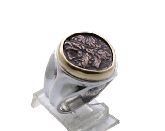 18K Bezel, Sterling Silver Ring, Hieron II, Poseidon and Trident, Ancient Bronze Coin, 8148