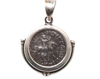 Indo-Scythian Tetradrachm Coin, Sterling Silver Pendant, 8152