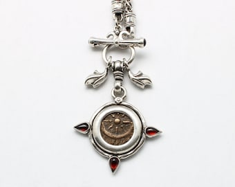 Widows Mite Prutah Coin, Silver Toggle Necklace with Garnets, 00238