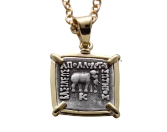 14K Gold Pendant, Elephant/Zebu, Apollodotus I, Baktria Drachma Coin, 8177