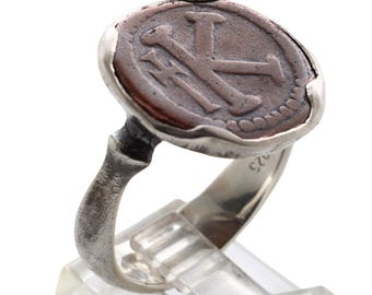 Sterling Silver Ring, Justin I, Byzantine K, 20 Nummia Ancient Bronze Coin, 8133