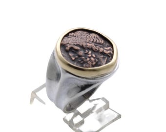 18K Bezel, Sterling Silver Ring, Hieron II, Poseidon and Triden, Ancient Bronze Coin, 8147