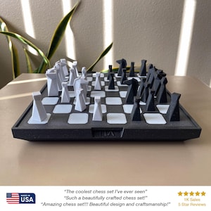 Modern Geometric 3D Printed Travel Chess Set - Minimalist, Portable & Unique Board Game Gift (Black/White Marble)