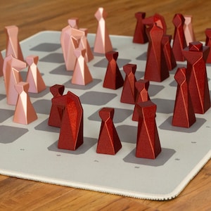 Modern Geometric Chess Set, Personalized Gift, Roll-up Chessboard, 3D Printed Weighted Chess Pieces, Travel Game Set, Minimalist Gray Board