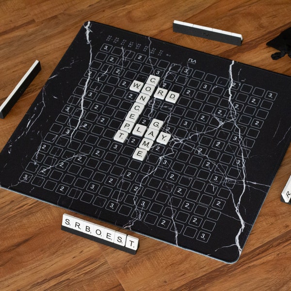 Modern Scrabble Set, Personalized Gift, Roll-up Scrabble, 3D Printed Pieces, Travel Friendly Game Set, Black Marble Board