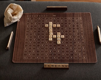 Modern Scrabble Set, Personalized Gift, Roll-up Scrabble, 3D Printed Pieces, Travel Friendly Game Set, Walnut Scrabble Board