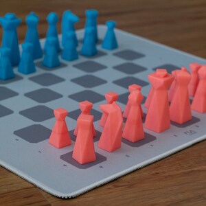 Modern Geometric Chess Set, Personalized Gift, Roll-up Chessboard, 3D Printed Weighted Chess Pieces, Travel Game Set, Minimalist Gray Board