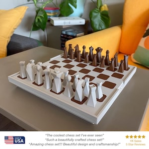 Modern Geometric 3D Printed Travel Chess Set - Minimalist, Portable & Unique Board Game Gift (Muted White/Brown)