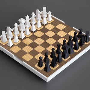 Personalized Magnetic Travel Chess Set, Modern Chess Set, Minimalist Unique Chess Set with Board, Gift, 3D Printed Chess, Walnut (Oak Inlay)