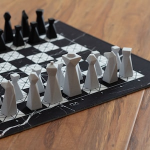 Modern Geometric Chess Set, Personalized Gift, Roll-up Chessboard, 3D Printed Weighted Chess Pieces, Travel Game Set, Black Marble Board
