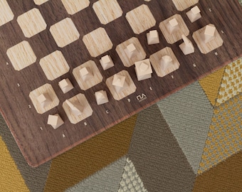 Modern Geometric Chess Set, Personalized Gift, Roll-up Chessboard, 3D Printed Chess Pieces, Travel Friendly Game Set, Walnut Wooden Board