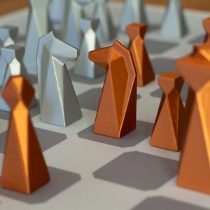 Modern Geometric Chess Set, Personalized Gift, Roll-up Chessboard, 3D Printed Weighted Chess Pieces, Travel Game Set, Minimalist Gray Board