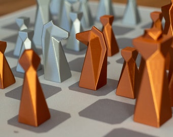 Modern Geometric Chess Set, Personalized Gift, Roll-up Chessboard, 3D Printed Weighted Chess Pieces, Travel Game Set, Minimalist Gray Board