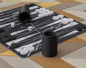 Modern Geometric Backgammon Set, Personalized Gift, Roll-up Backgammon, 3D Printed Pieces, Travel Friendly Game Set, Black Marble Board