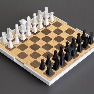 Personalized Magnetic Travel Chess Set, Modern Chess Set, Minimalist Unique Chess Set with Board, Gift, 3D Printed Chess, Oak (Walnut Inlay)