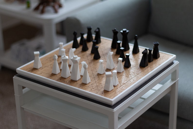 Modern geometric handmade resin chess pieces, elegantly weighted for balance and style. Unique designs perfect for board games, home decor, or a luxury personalized gift. Chessboard not included. Sleek, minimalist aesthetic ideal for any interior.