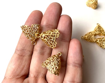 2 pc gold plated tassel caps, end caps, gold bead caps, cone bead caps, gold triangular tassel caps 17 mm gold plated cone bead caps
