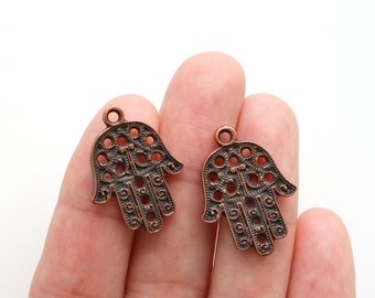 2pc antique copper hamsa pendant, copper plated hamsa charm, filigree pendant, boho necklace charm, hand of Fatima, good luck symbol