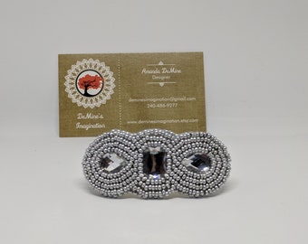 Silver beaded embroidered hair barrette