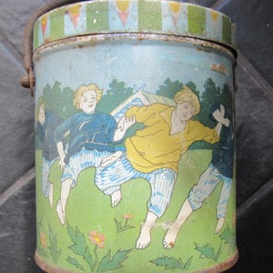 very old Russia Candy Metal Tin Box PLAYING KIDS &quot; Red October in Moscow &quot; from 1920s