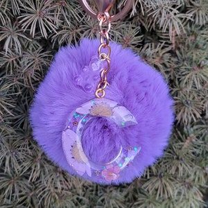 Pompom Puff keychain w/ resin initial letter | Resin add-ins- glitter,flowers,gold flecks | Backpacks |Gummy bear,Milk tea | Holiday gift