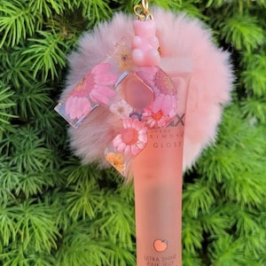 Personalized Lipgloss Keychain with custom letter, milk tea boba charm, pompom puff | Holiday gift