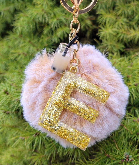 Pompom Puff Keychain W/ Resin Initial Letter Resin Add-ins Glitter
