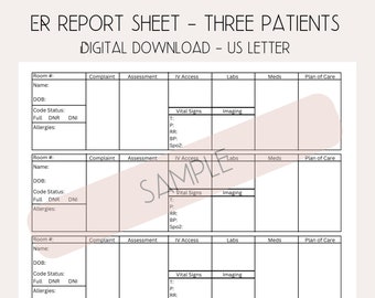 ER Patient Report Sheet - digital download