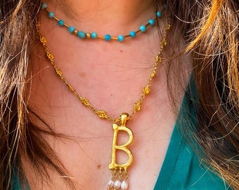 Elegant Initial Necklace | Letter Necklace | Bella Hadid Necklace | Anne Boleyn Pearl Pendant | Historic Jewelry | Gold Letter Pendant