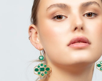 Green Hexagon Earring, Green Agate Earring, Geometric Earrings, Green Dangle Earring, Angular Earrings, Chalcedony Dangle Earring