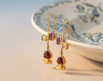 Multistone Gold Drop Earrings, Geometric Minimal Earring , Gemstone Dangle Earrings, Colorful Statement Jewelry, Curated Ear Style Gift