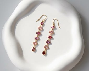 Pink Quartz Long Drop Earrings, Minimal Dangle Earrings, Delicate Slim Gold Earrings, Elegant Gift for Her