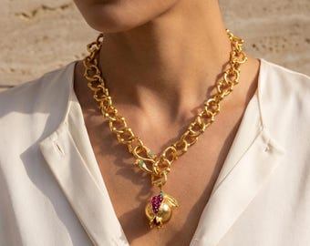 Gold Plated Pomegranate Necklace, Red Agate Statement Necklace, Anatolian Snake Symbol Jewelry, Antique Finish Necklace