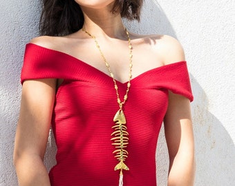 Fishbone Necklace, Sardine Pendant , Pisces Jewelry, Ocean Inspired Necklace, Sea Life Jewelry, Gold Long Chain Necklace, Zodiac Jewelry
