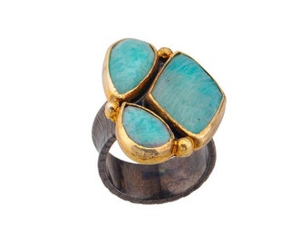 Blue Larimar Ring, Multi Stones Ring, Gold Three Stone Ring, Ocean Green Ring, Gemstone Ring, Gold Chic Ring