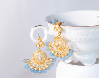 Gold Chandelier Earrings, Indian Style Earrings, Bollywood Earring, Gold Chalcedony Earrings, Dark Blue Gold Earrings, Statement Earrings